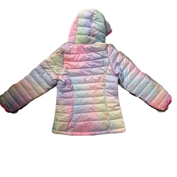 NWT Amazon Essentials Pastel Gradient Hooded Puffer Jacket Sz. 8 w/ Gloves & Sac - Picture 2 of 9